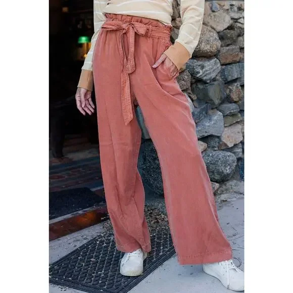 Ces Femme Wide Leg Paper Bag High Rise Rust Color Lyocell Pants Women Sz M - Picture 5 of 9